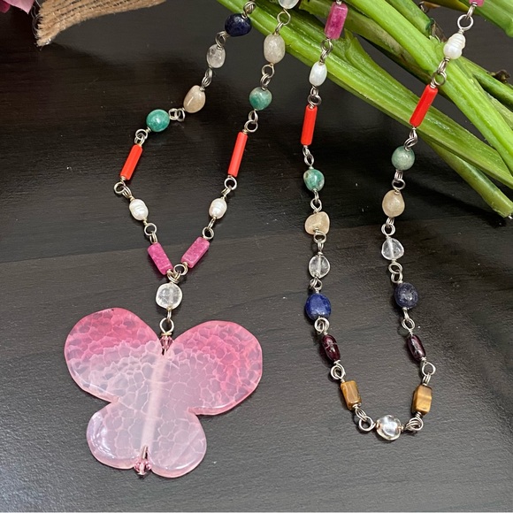 Handmade Pink Butterfly Pendant Genuine Stones Beaded Long Necklace - Picture 4 of 11